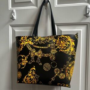 Versace Jeans Couture Black  & Gold Baroque Print Tote Bag w/ matching pouch.